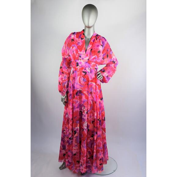 Vintage 1970s Red Pink Purple Chiffon Floral with Keyhole Cutout Small - Picture 2 of 10